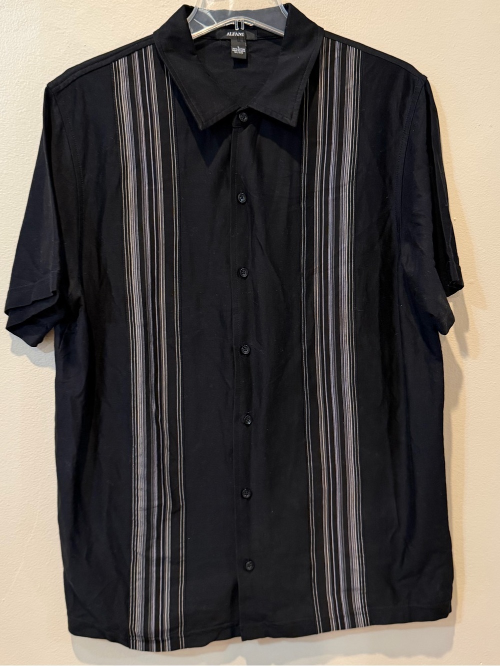 Alfani Black Short-Sleeve Button-Down with Vertical Stripe Panels
